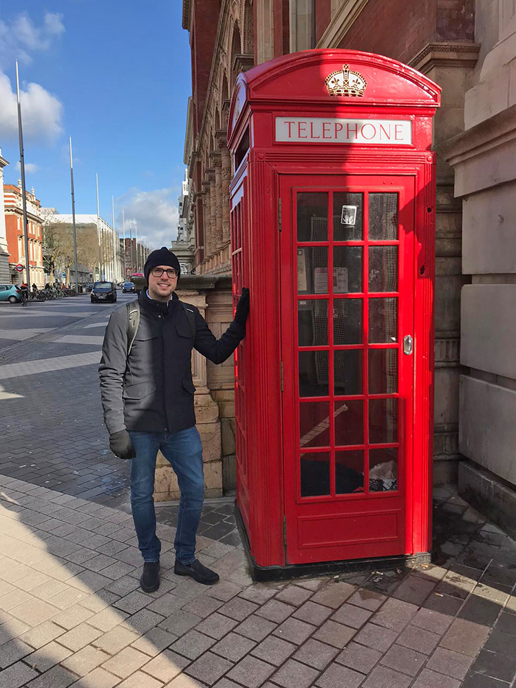 Simone outside Phonebox